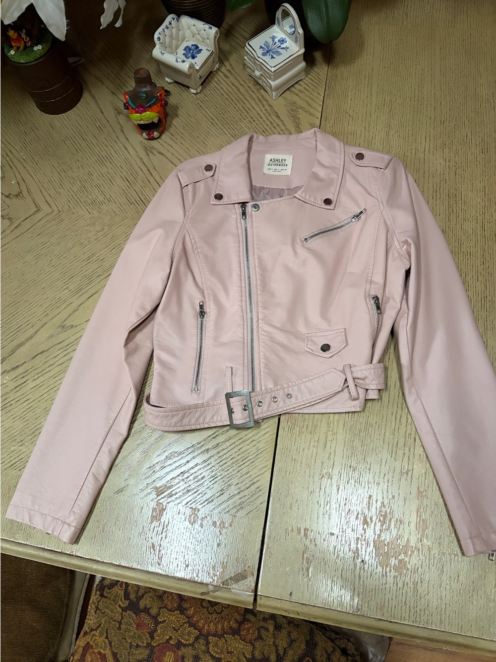 Ashley Outerwear Blush Pink Faux Leather Moto Jacket with Belt